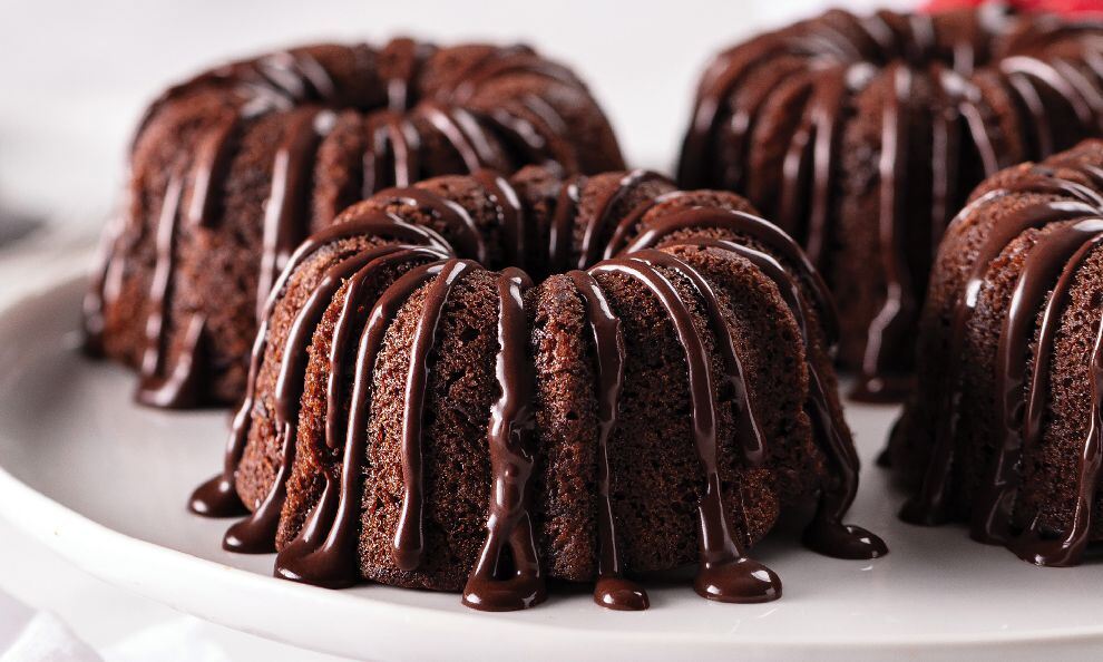 4 Mini Out the Box Bundt Cakes- With chocolate glaze 